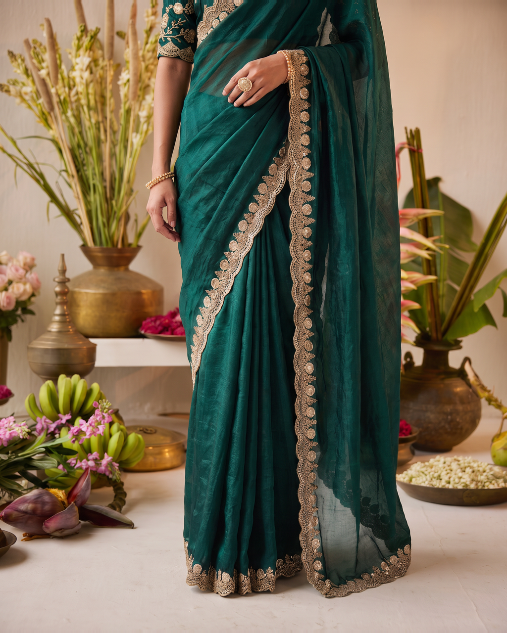 Tarini Sheer Pallu Festive Saree with Fine Embroidered Edge - Green - lower closeup