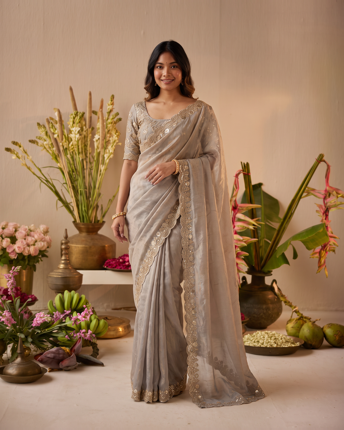Tarini Sheer Pallu Festive Saree with Fine Embroidered Edge - Grey - full saree hero