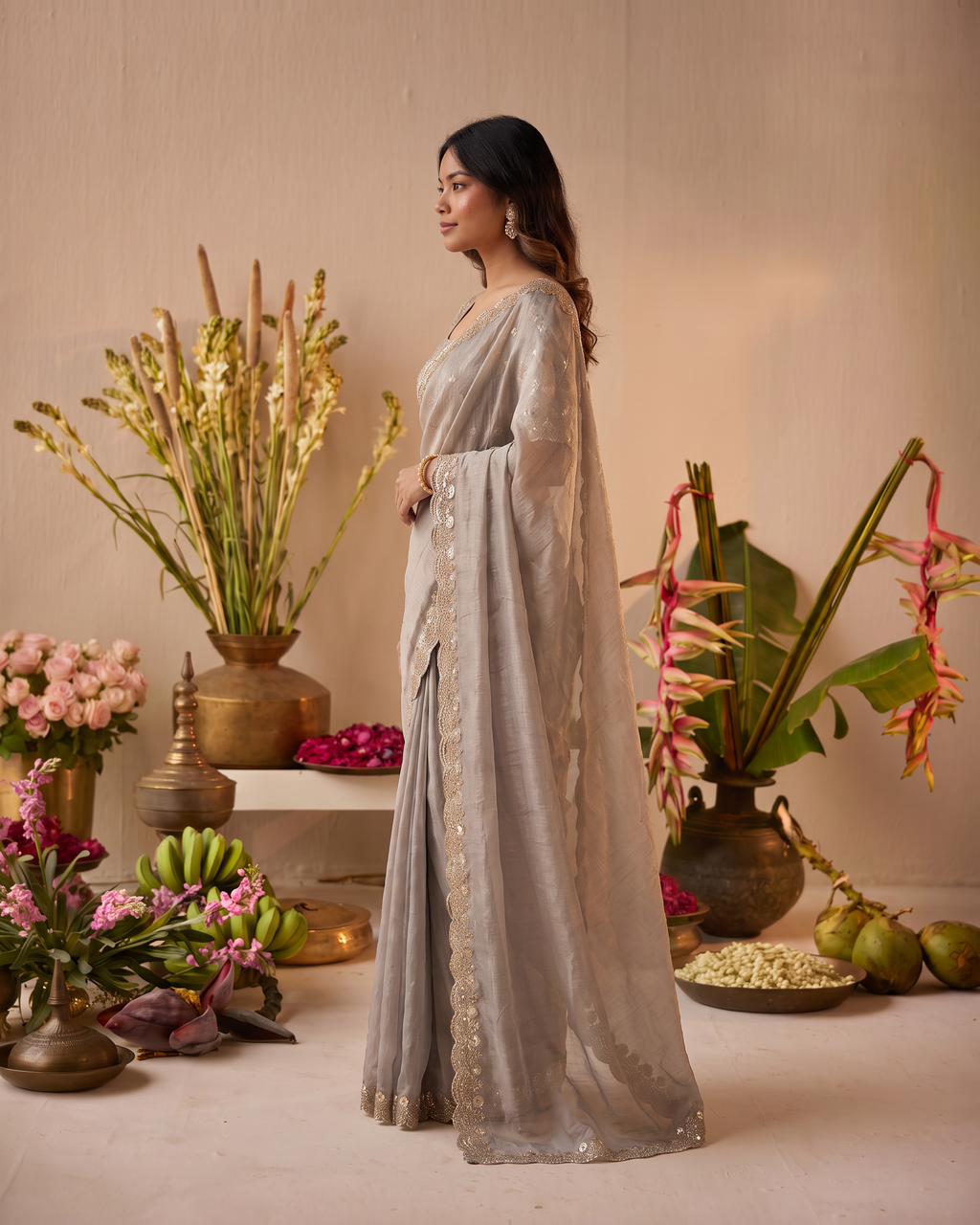 Tarini Sheer Pallu Festive Saree with Fine Embroidered Edge - Grey - side