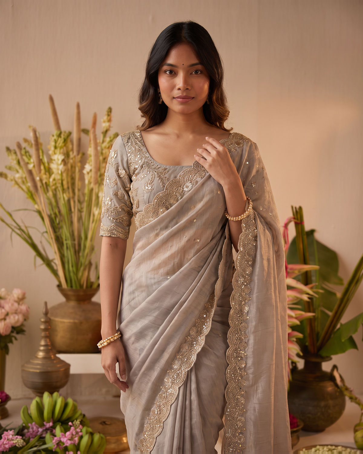 Tarini Sheer Pallu Festive Saree with Fine Embroidered Edge - Grey - upper closeup