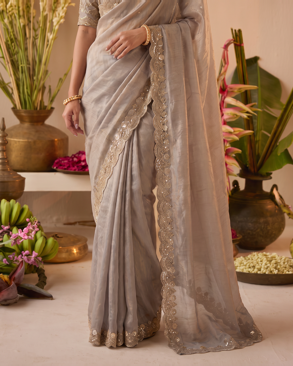 Tarini Sheer Pallu Festive Saree with Fine Embroidered Edge - Grey - lower closeup