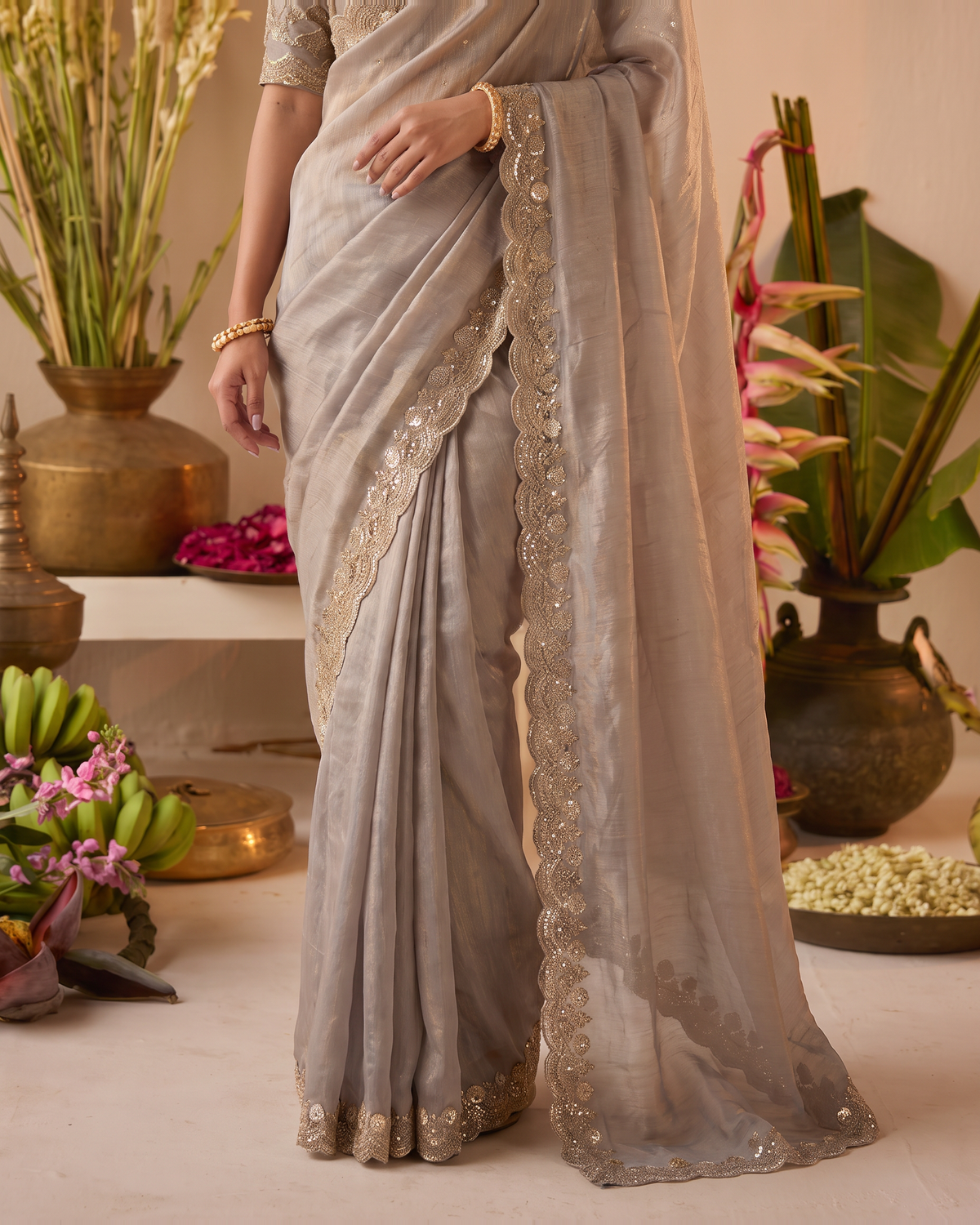 Tarini Sheer Pallu Festive Saree with Fine Embroidered Edge - Grey - lower closeup