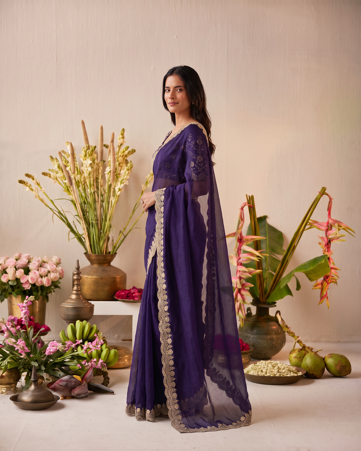 Tarini Sheer Pallu Festive Saree with Fine Embroidered Edge - Navy Blue - side
