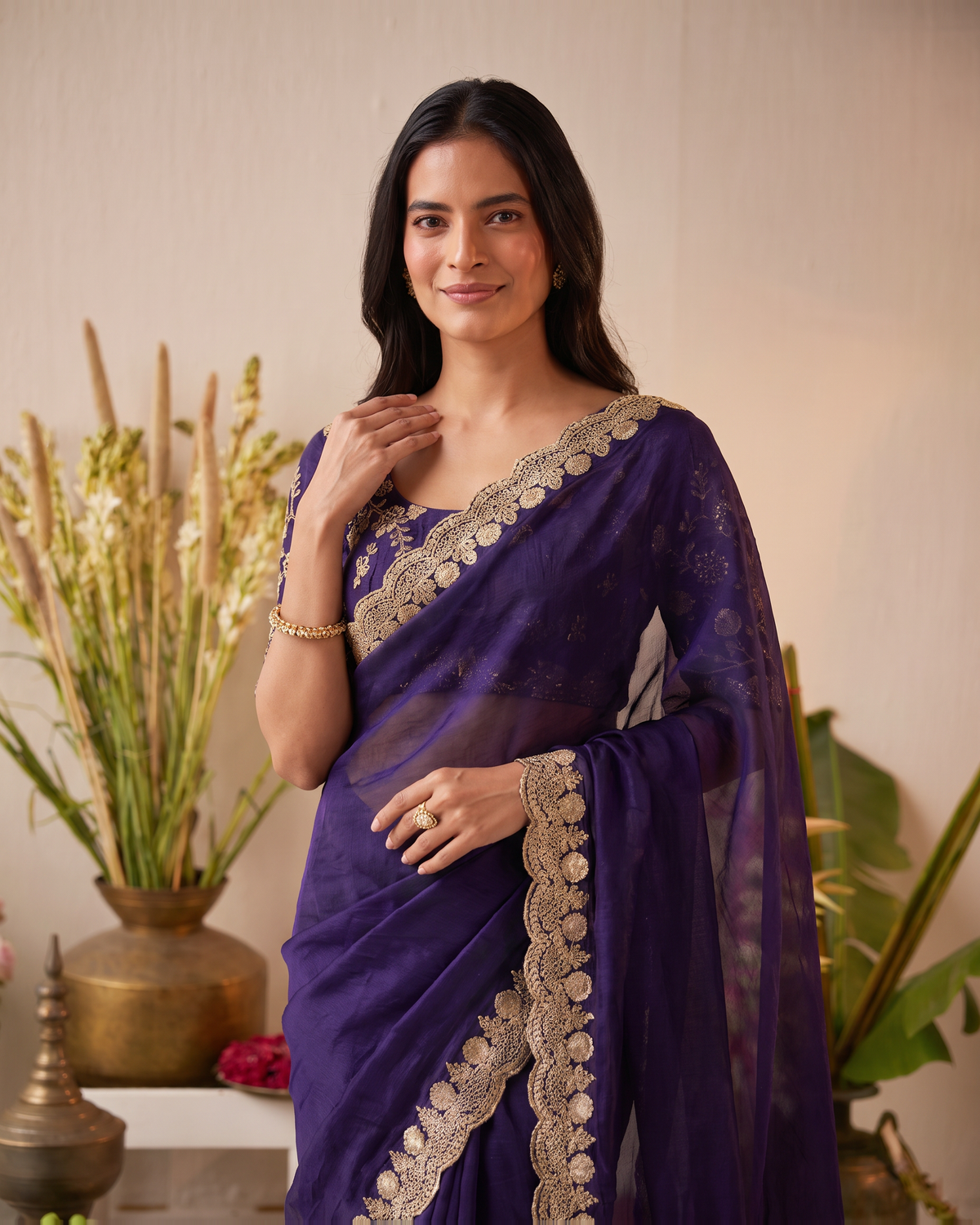 Tarini Sheer Pallu Festive Saree with Fine Embroidered Edge - Navy Blue - upper closeup
