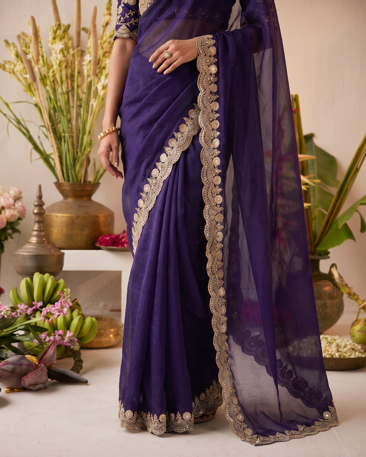 Tarini Sheer Pallu Festive Saree with Fine Embroidered Edge - Navy Blue - lower closeup