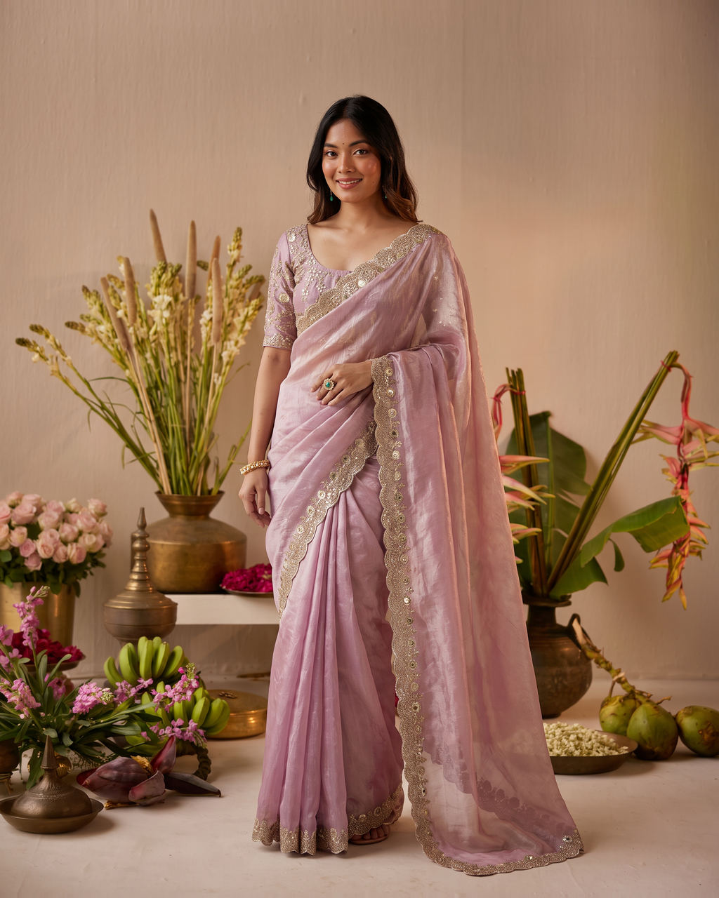 Tarini Sheer Pallu Festive Saree with Fine Embroidered Edge - Pink - full saree hero