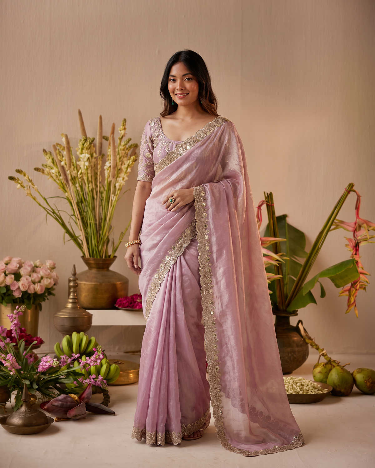 Tarini Sheer Pallu Festive Saree with Fine Embroidered Edge - Pink - full saree hero