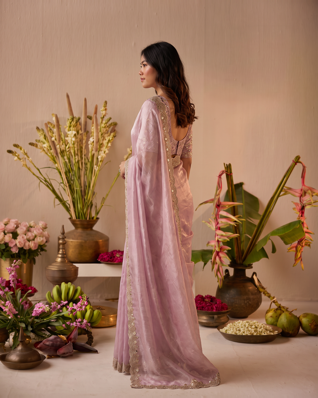 Tarini Sheer Pallu Festive Saree with Fine Embroidered Edge - Pink - side