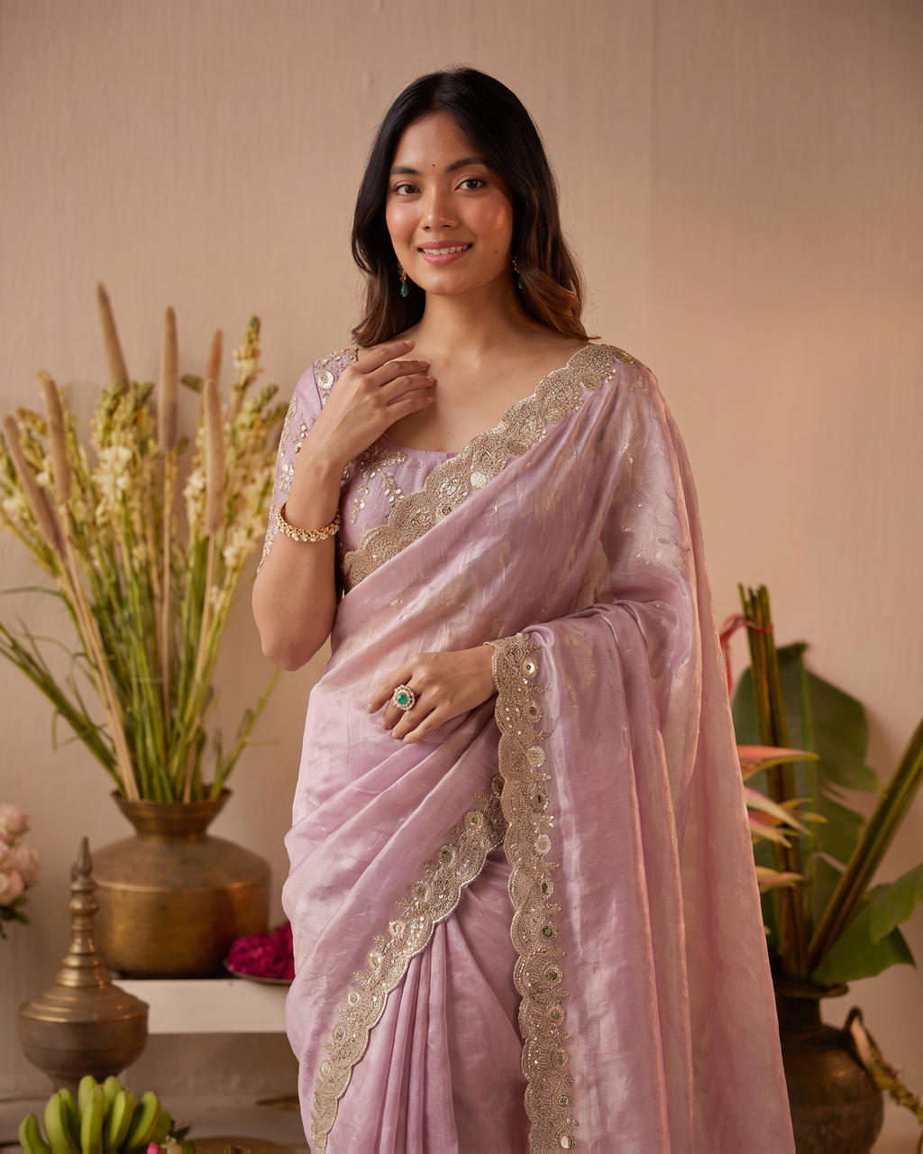 Tarini Sheer Pallu Festive Saree with Fine Embroidered Edge - Pink - upper closeup