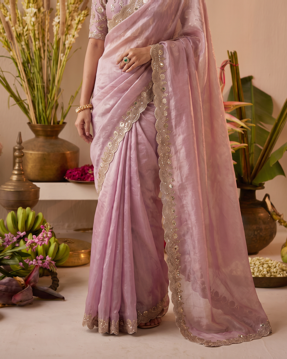 Tarini Sheer Pallu Festive Saree with Fine Embroidered Edge - Pink - lower closeup