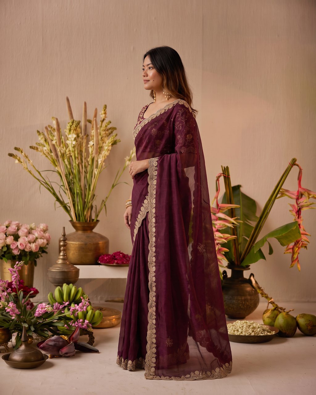 Tarini Sheer Pallu Festive Saree with Fine Embroidered Edge - Wine - side