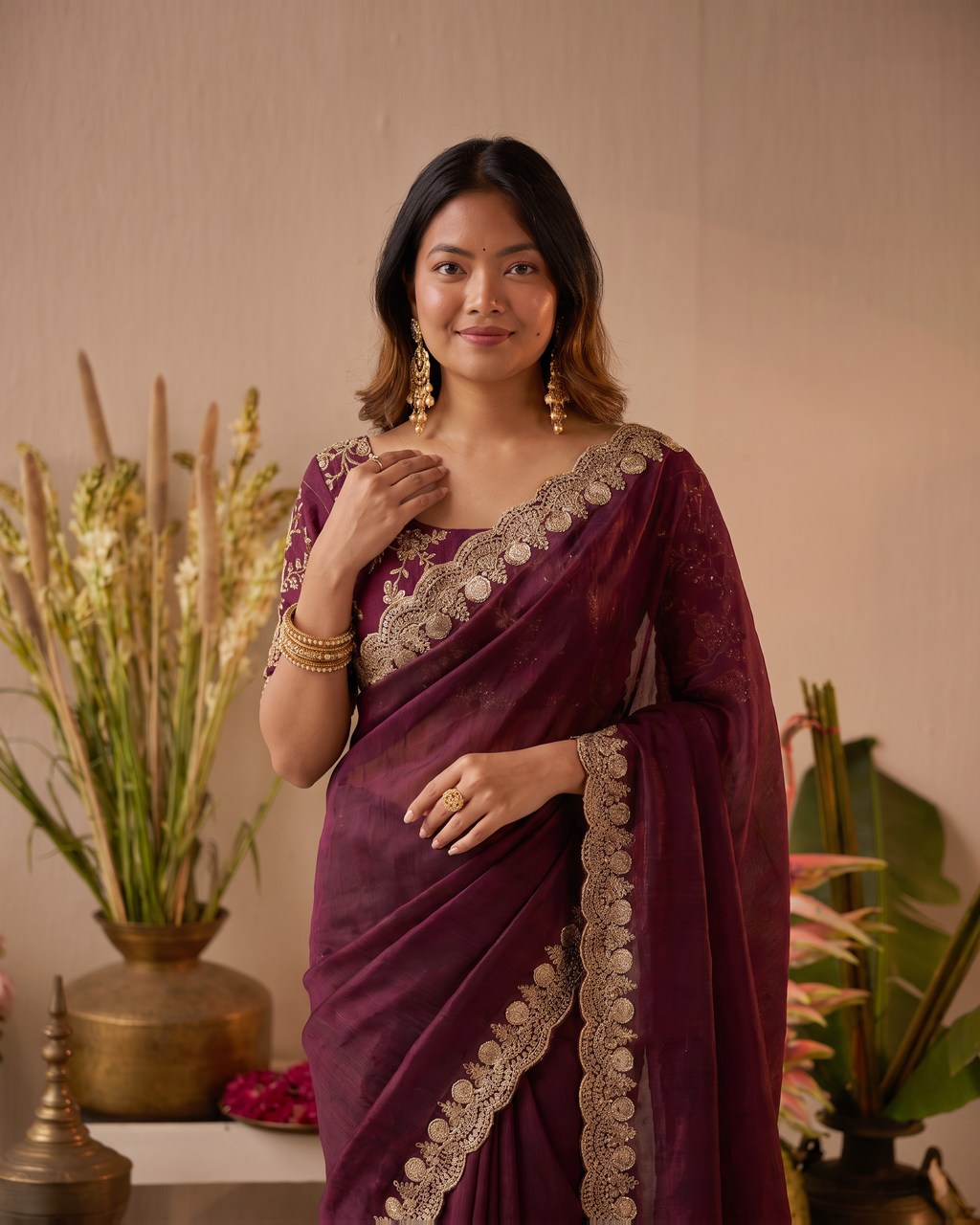 Tarini Sheer Pallu Festive Saree with Fine Embroidered Edge - Wine - upper closeup