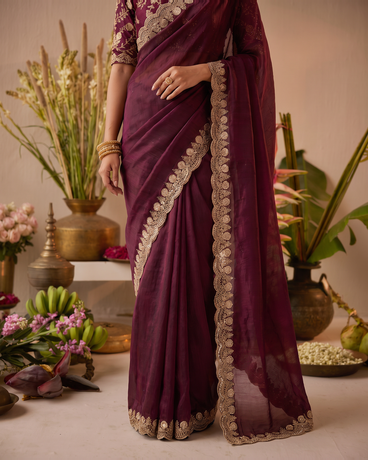 Tarini Sheer Pallu Festive Saree with Fine Embroidered Edge - Wine - lower closeup