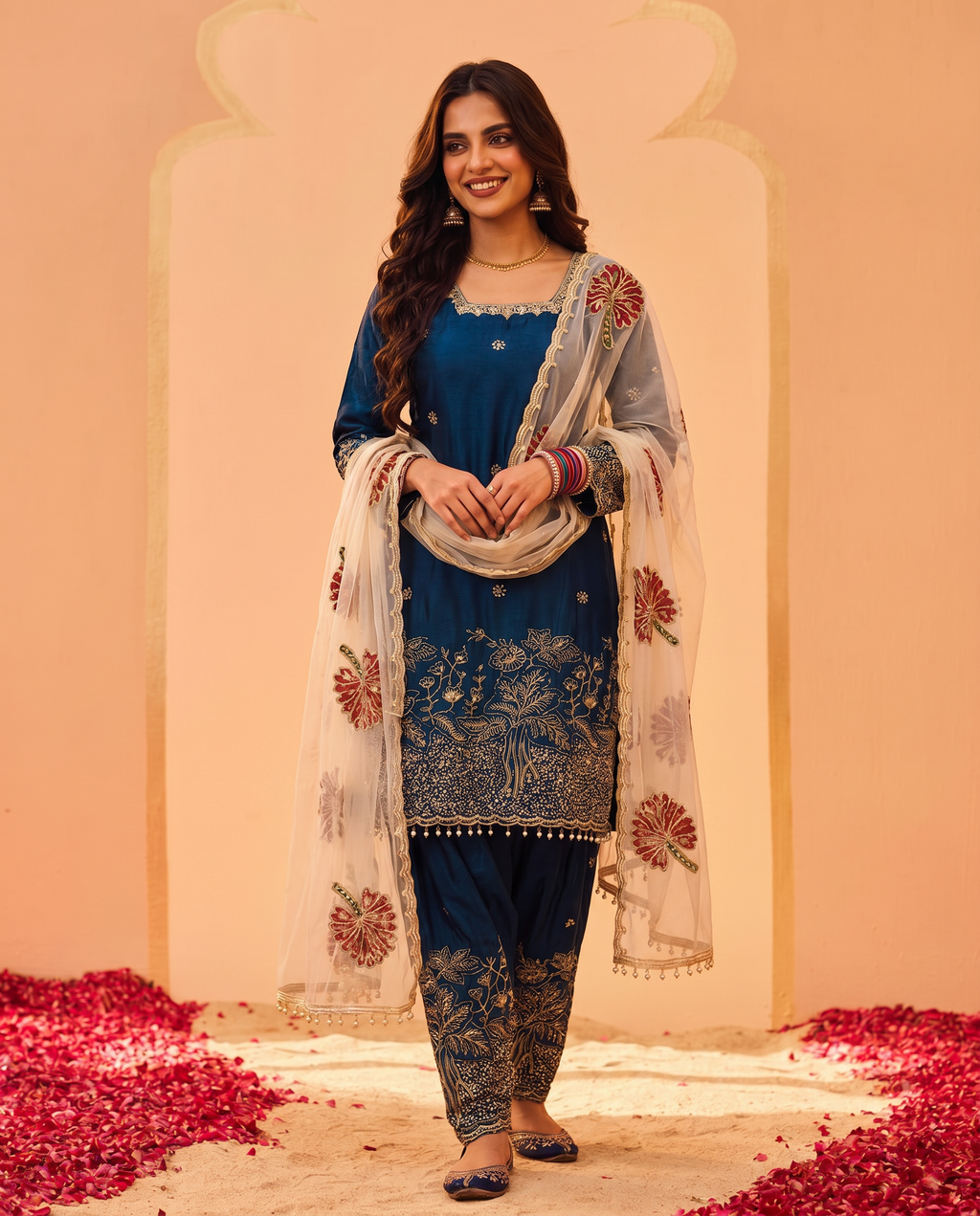 Teal Blue Embroidered Fendi Silk Farshi Palazzo Suit Set - hero