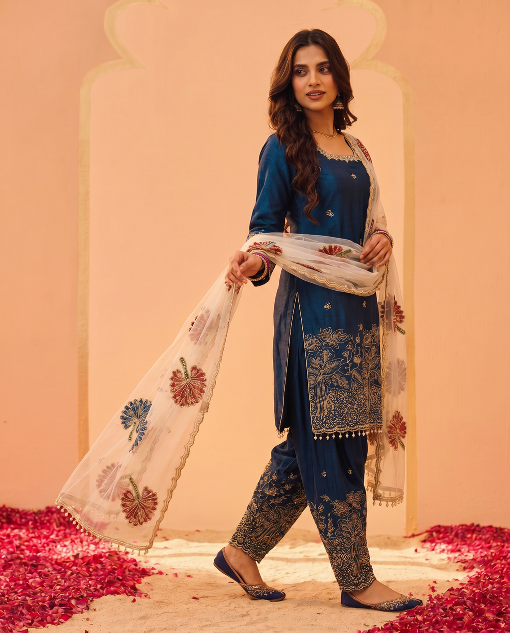 Teal Blue Embroidered Fendi Silk Farshi Palazzo Suit Set - angled movement