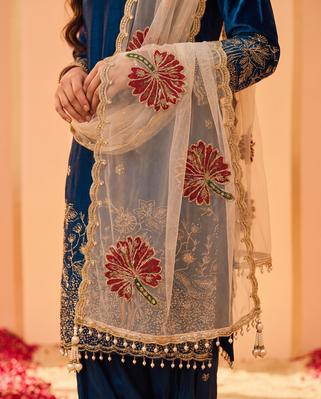 Teal Blue Embroidered Fendi Silk Farshi Palazzo Suit Set - dupatta detail