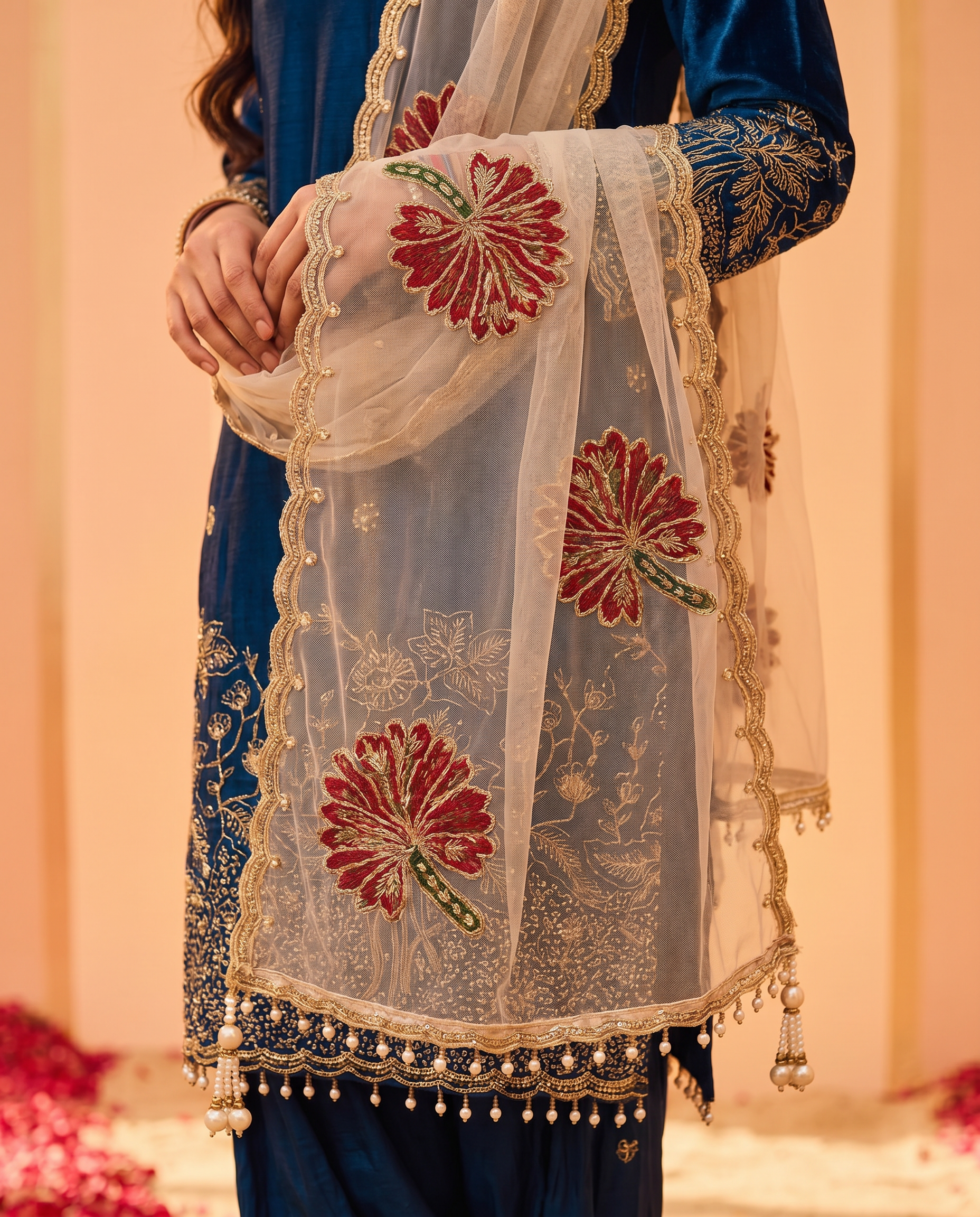 Teal Blue Embroidered Fendi Silk Farshi Palazzo Suit Set - dupatta detail