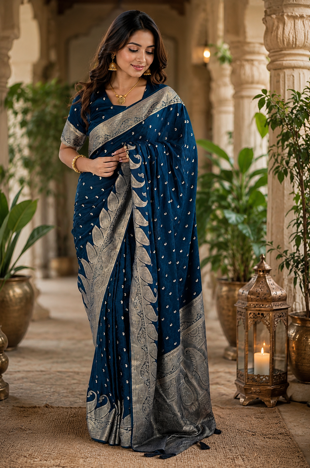 Teal Blue Pure Silk Jari Weave Party Wear Saree - full saree hero
