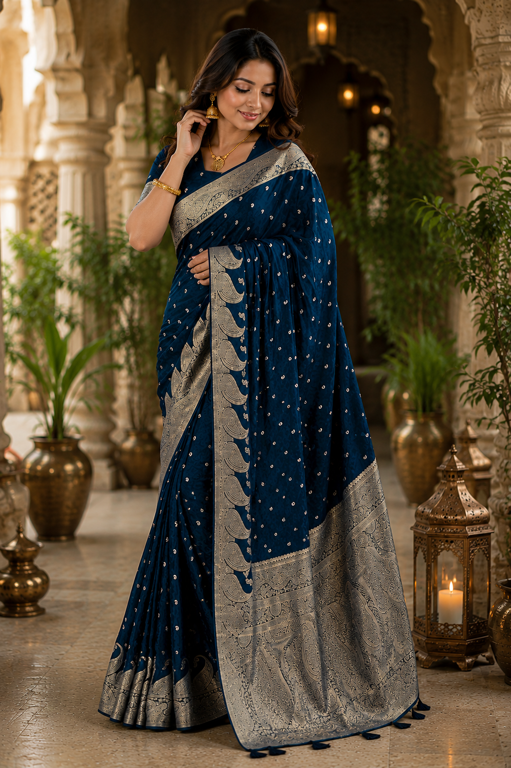 Teal Blue Pure Silk Jari Weave Party Wear Saree - blouse detail