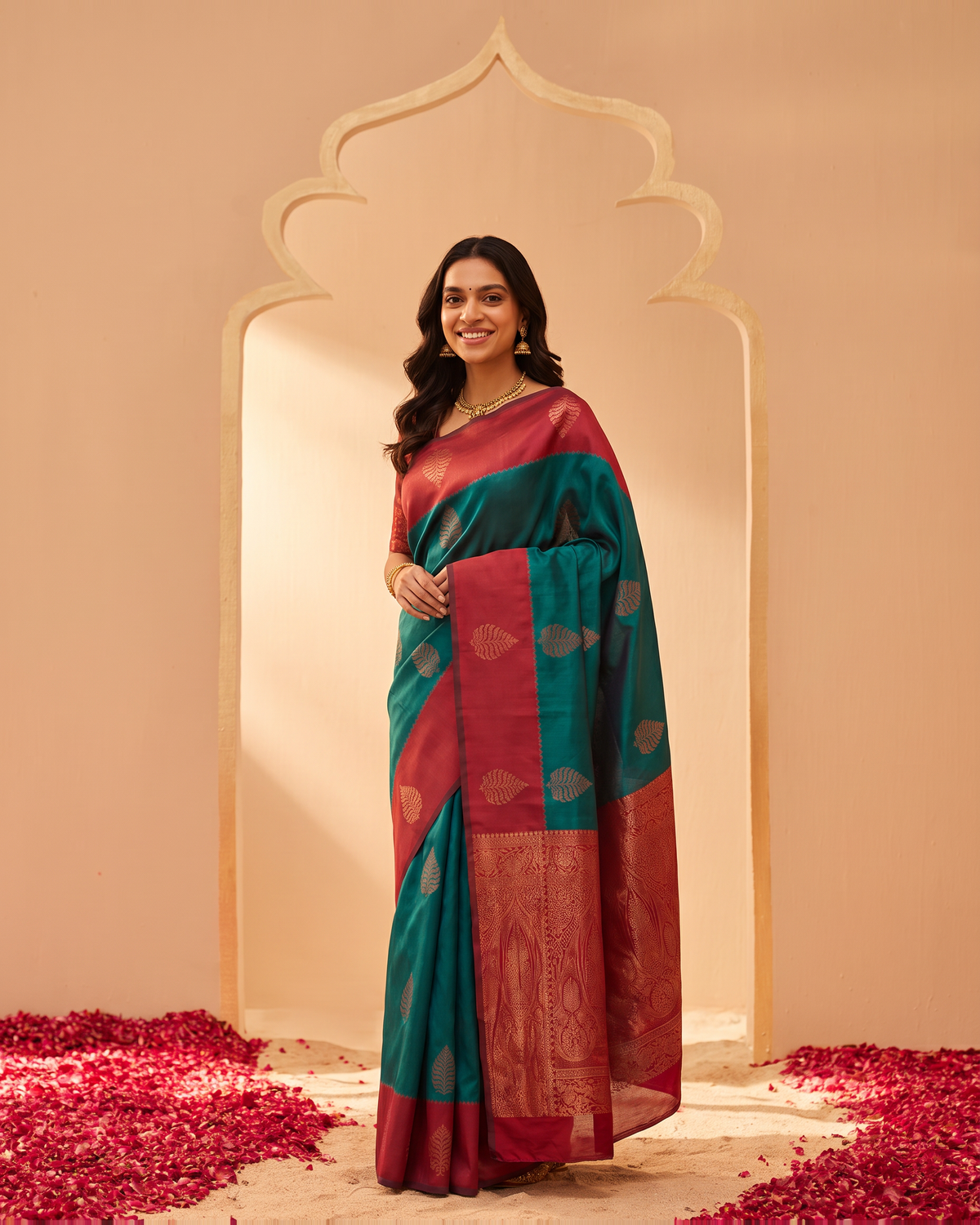Teal Crimson Festive Silk Saree with Contrast Pallu - full saree hero