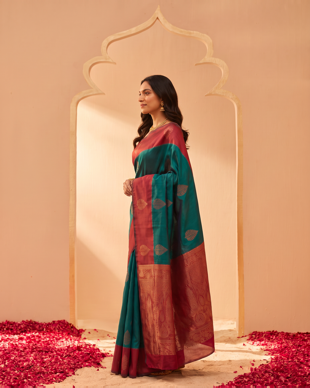 Teal Crimson Festive Silk Saree with Contrast Pallu - side drape