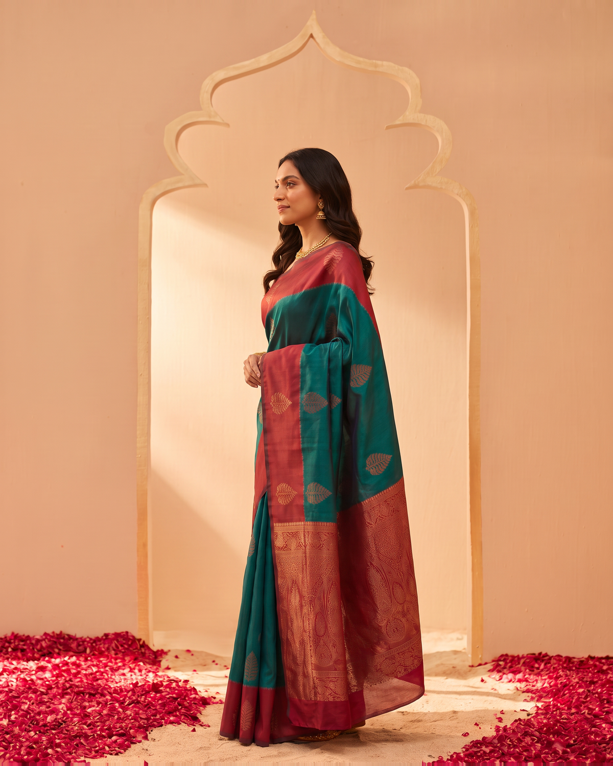 Teal Crimson Festive Silk Saree with Contrast Pallu - side drape