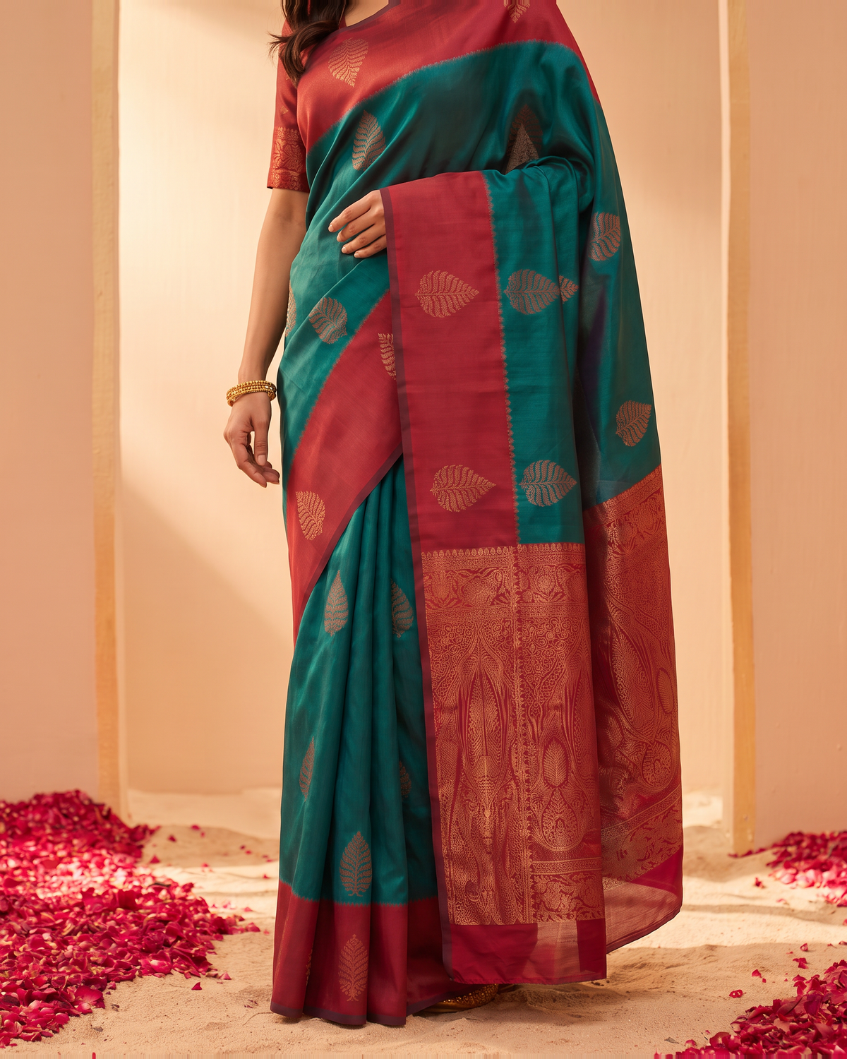 Teal Crimson Festive Silk Saree with Contrast Pallu - lower closeup