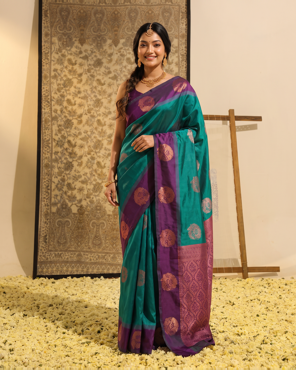 Teal Purple Silk Saree with Circular Butta Pallu - full saree hero