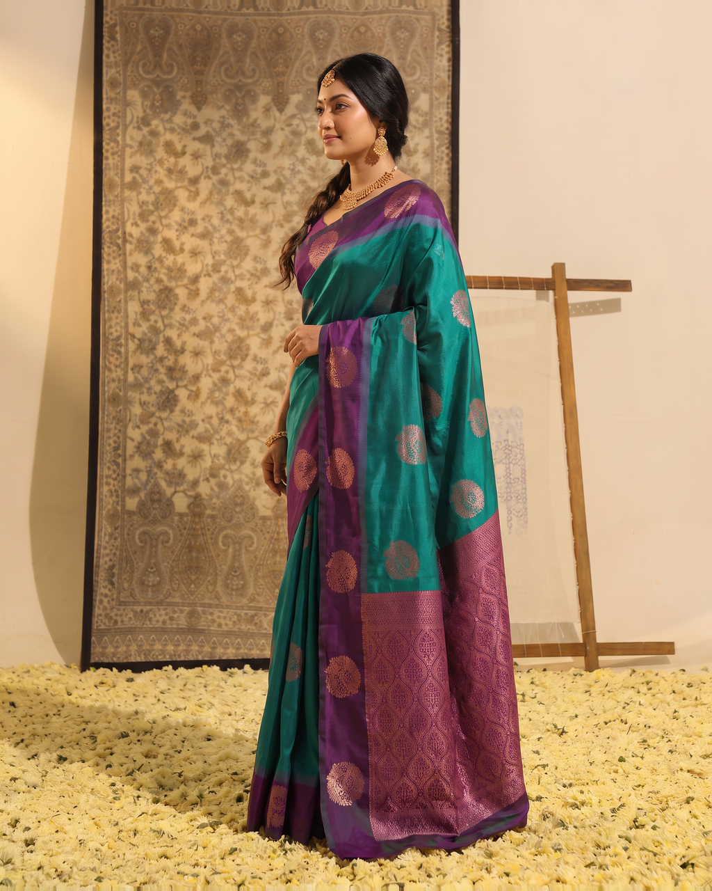 Teal Purple Silk Saree with Circular Butta Pallu - side drape