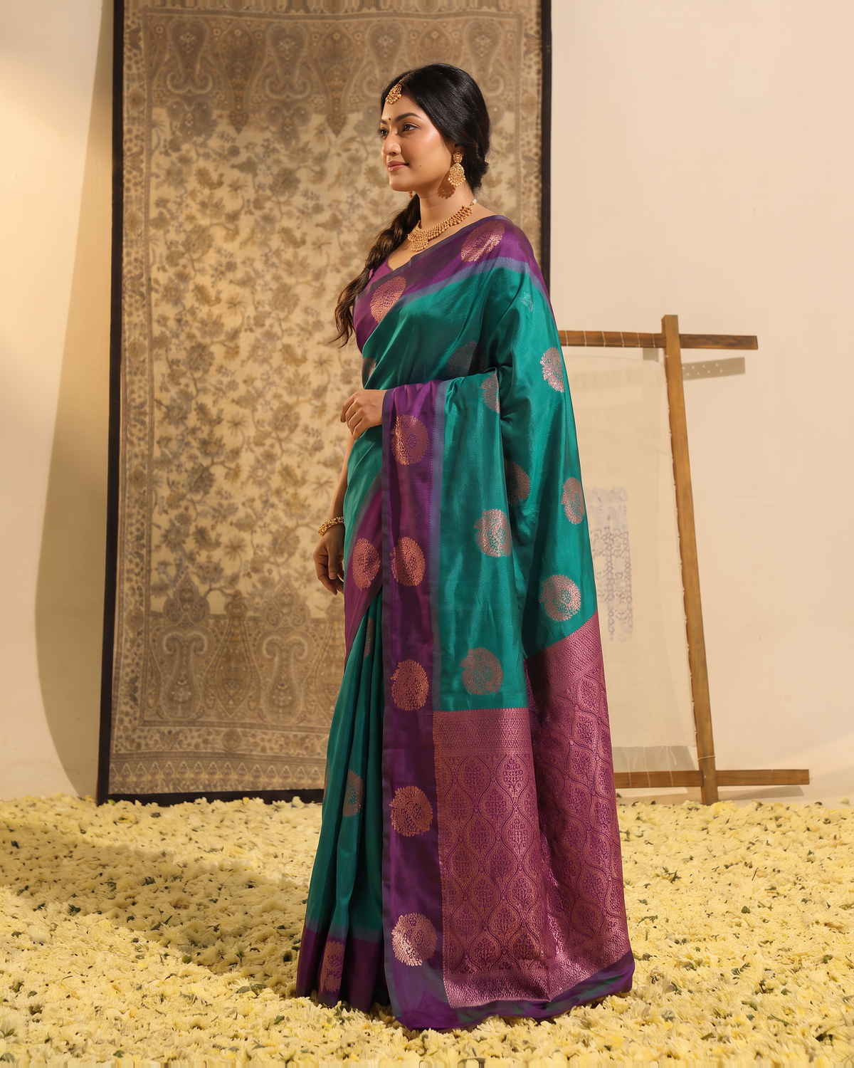 Teal Purple Silk Saree with Circular Butta Pallu - side drape
