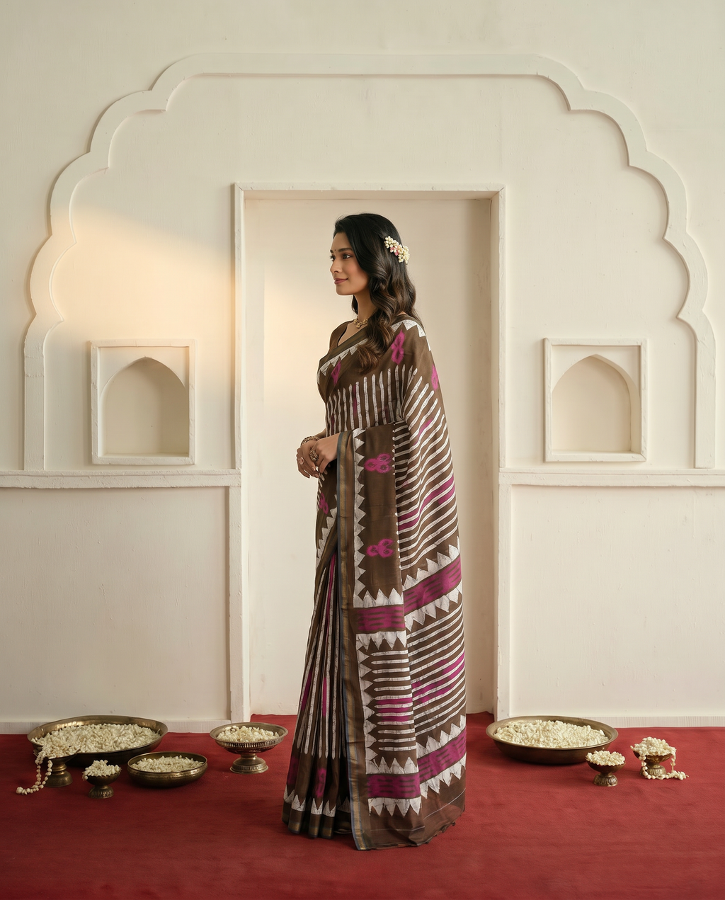 Trendy Brown Printed Pure Cotton Saree with Bold Geometric Design - output 0 - 03 side