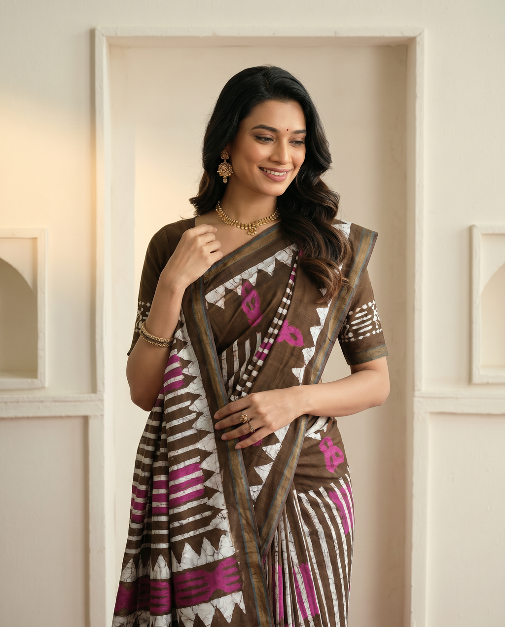 Trendy Brown Printed Pure Cotton Saree with Bold Geometric Design - output 0 - 04 upper closeup