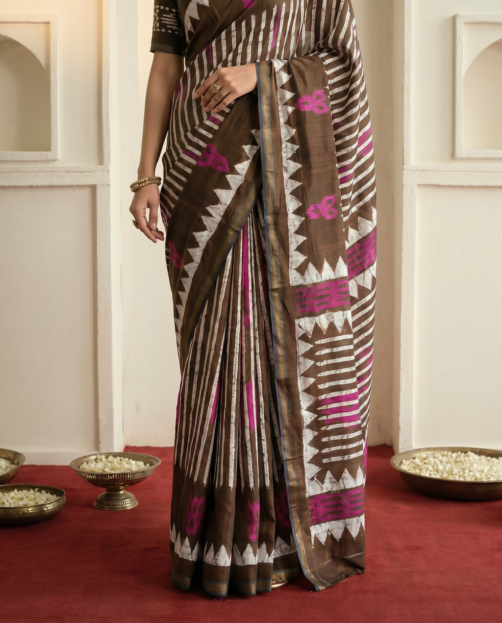 Trendy Brown Printed Pure Cotton Saree with Bold Geometric Design - output 0 - 05 lower closeup