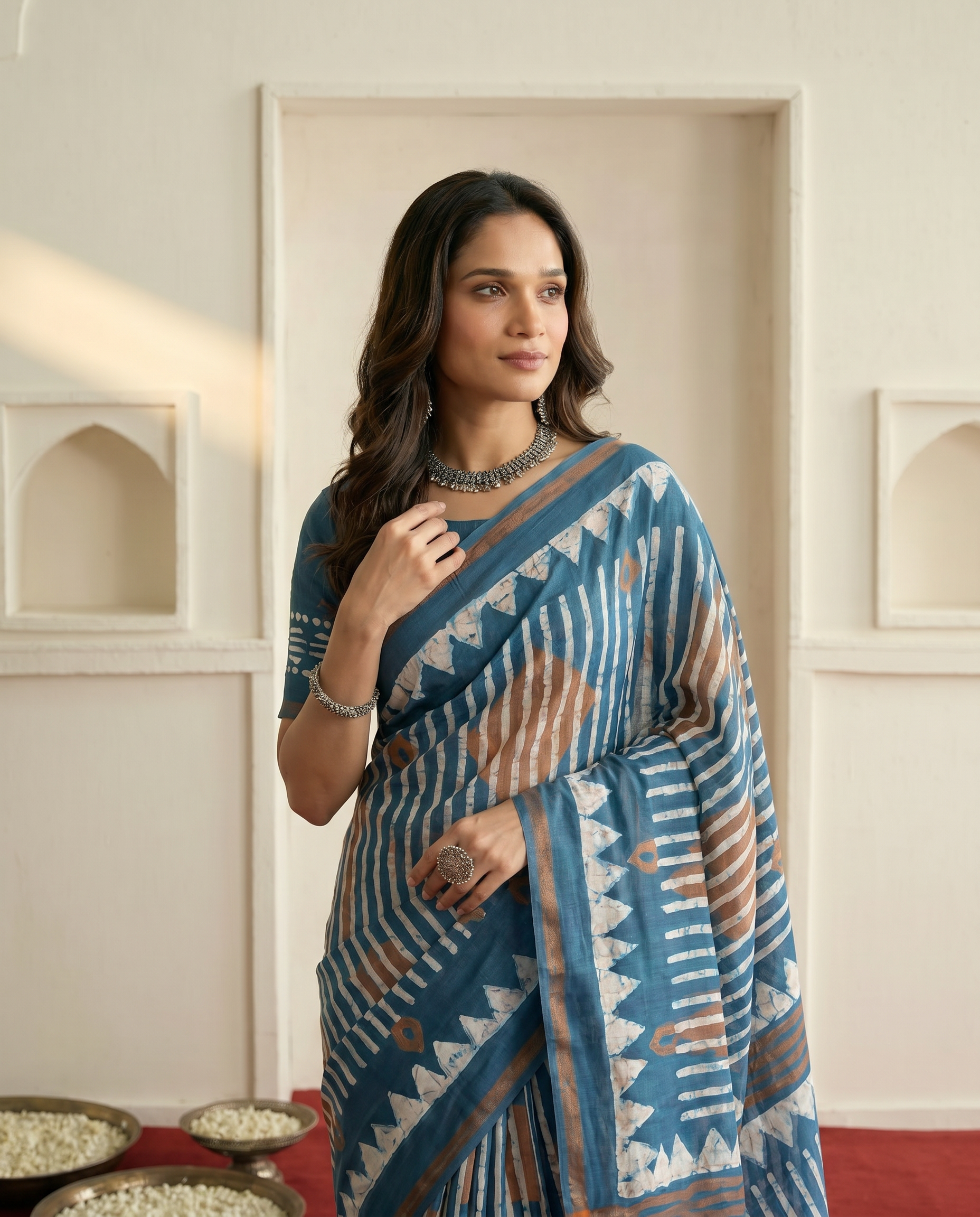Trendy Brown Printed Pure Cotton Saree with Bold Geometric Design - output 1 - 04 upper closeup