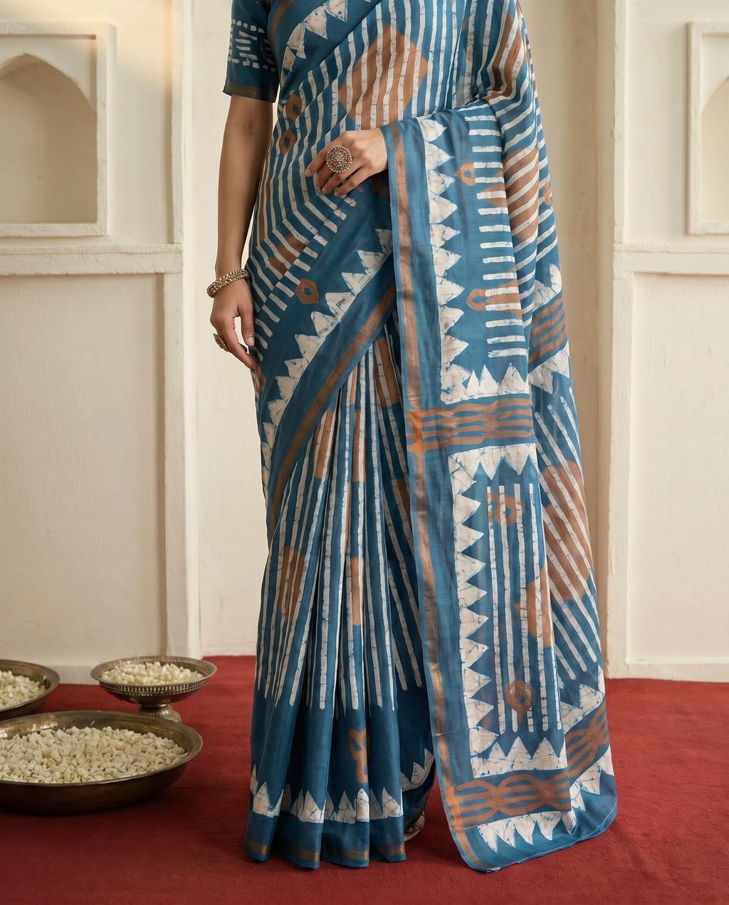 Trendy Brown Printed Pure Cotton Saree with Bold Geometric Design - output 1 - 05 lower closeup