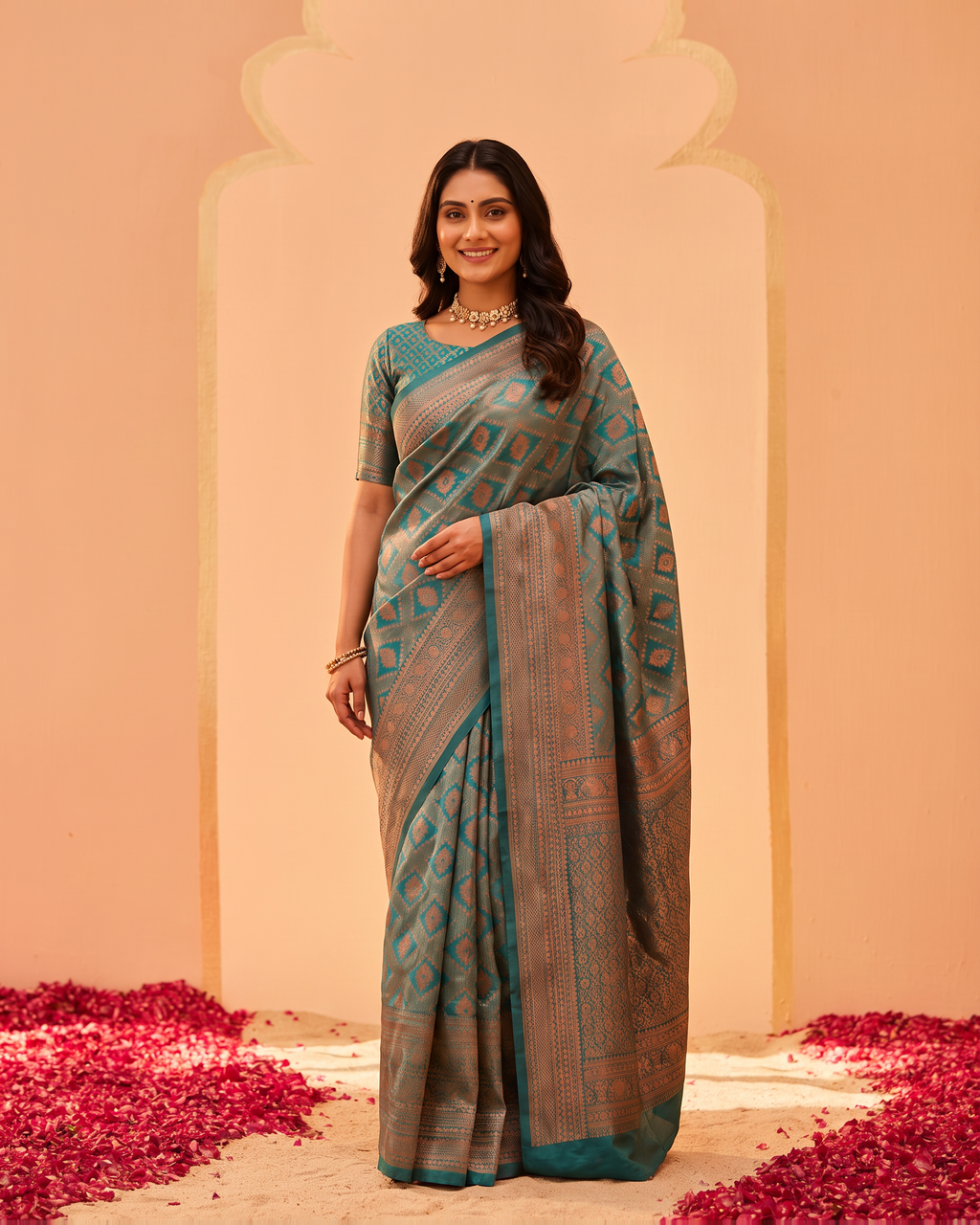 Turquoise Peach Heritage Silk Saree with Temple Motifs - full saree hero