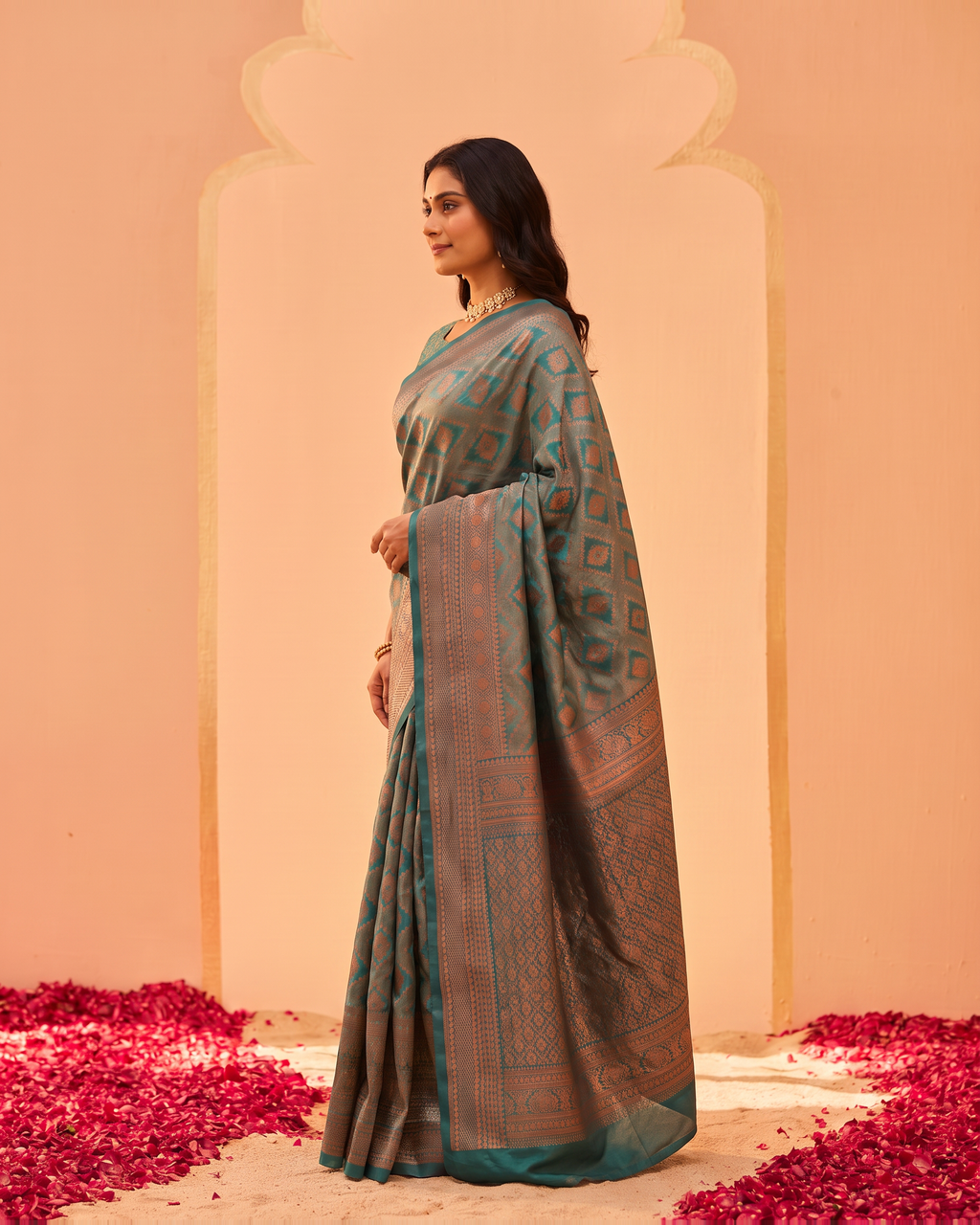 Turquoise Peach Heritage Silk Saree with Temple Motifs - side drape