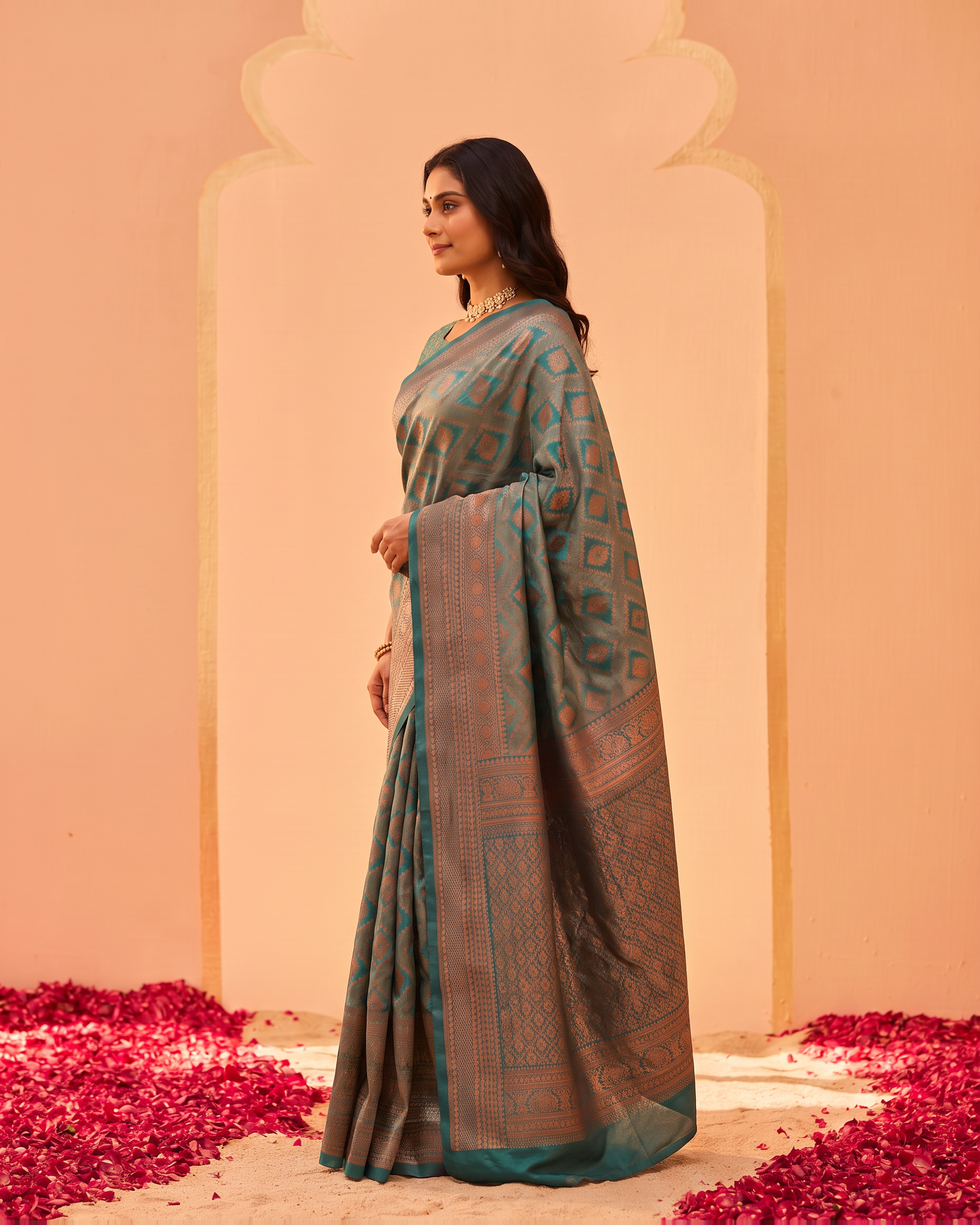 Turquoise Peach Heritage Silk Saree with Temple Motifs - side drape