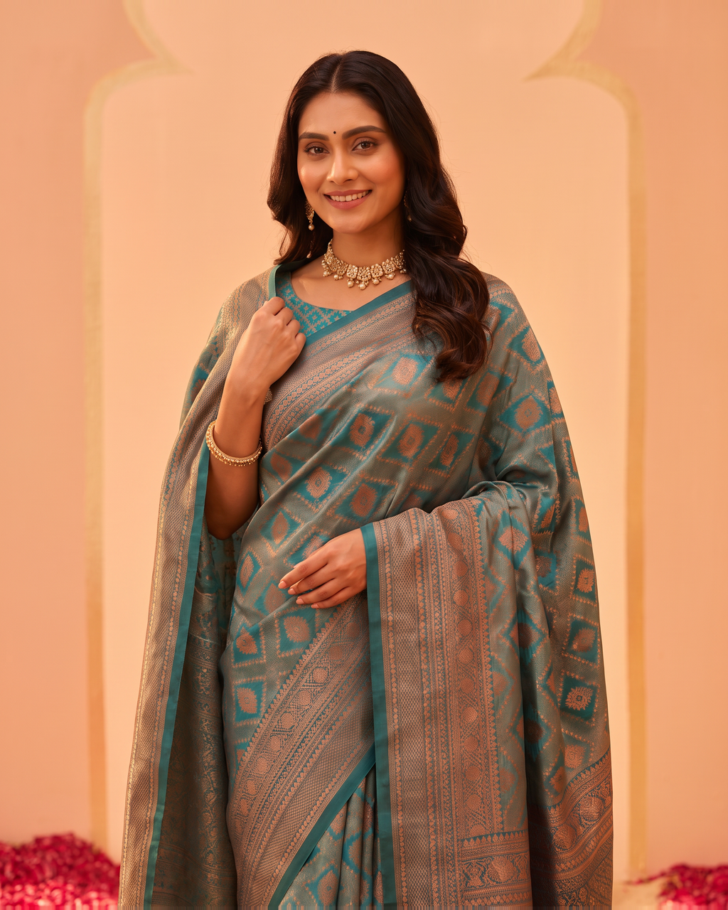 Turquoise Peach Heritage Silk Saree with Temple Motifs - upper closeup