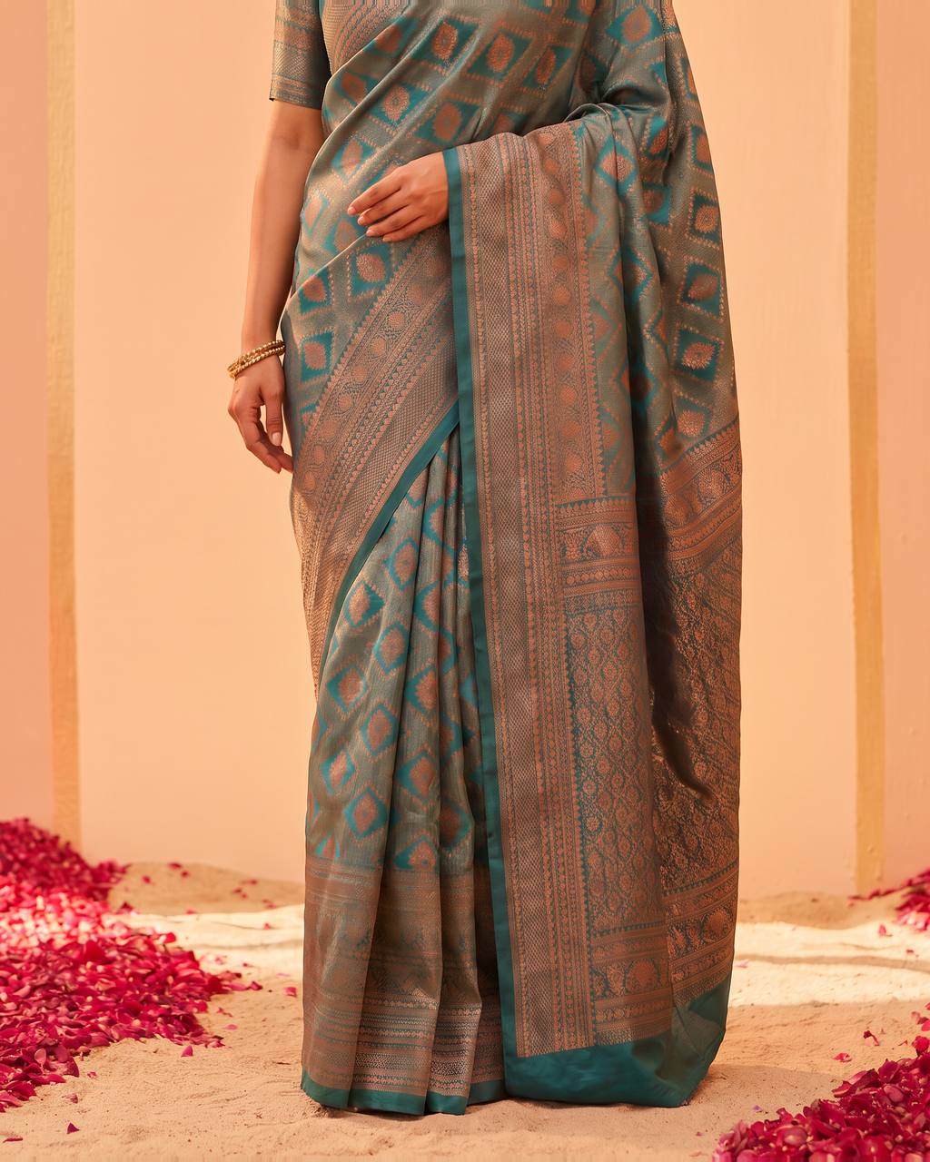 Turquoise Peach Heritage Silk Saree with Temple Motifs - lower closeup