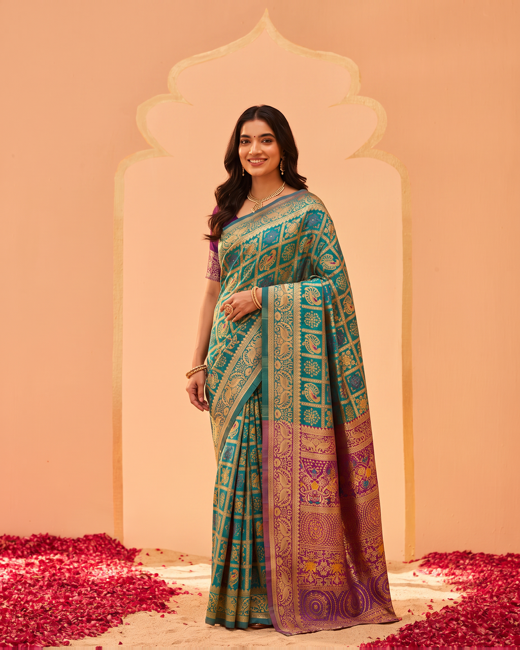 Turquoise Rust Silk Saree with Royal Purple Pallu - full saree hero