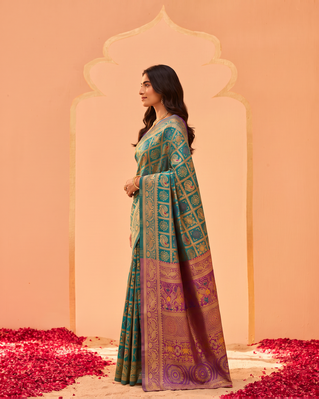 Turquoise Rust Silk Saree with Royal Purple Pallu - side drape