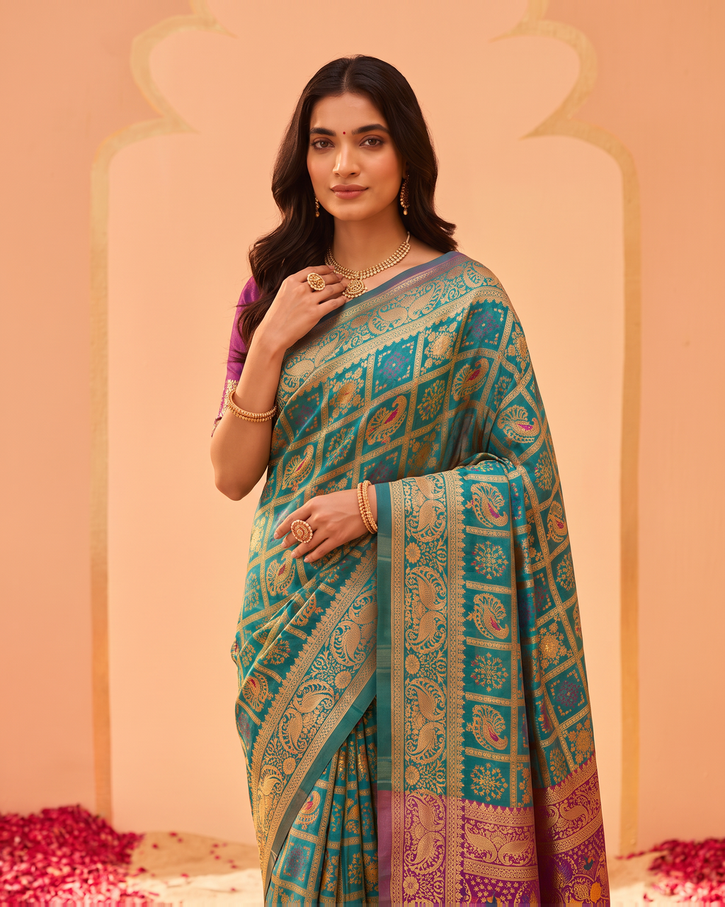 Turquoise Rust Silk Saree with Royal Purple Pallu - upper closeup