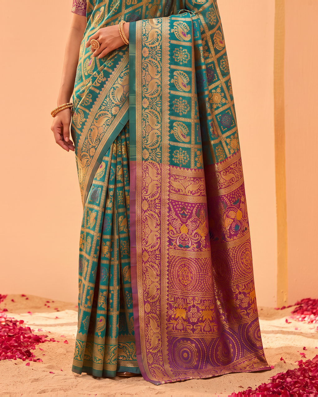 Turquoise Rust Silk Saree with Royal Purple Pallu - lower closeup