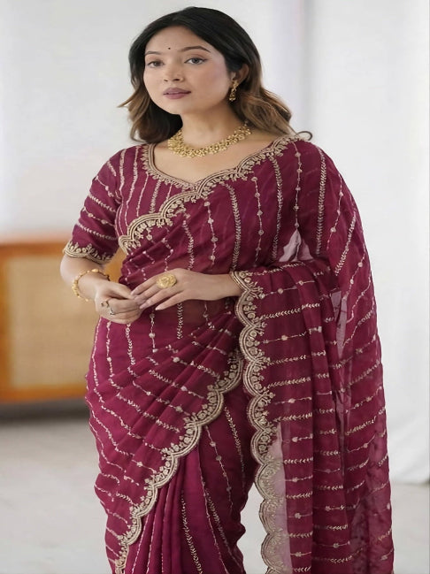 Maroon Embroidered Georgette Saree with Golden Zari Border