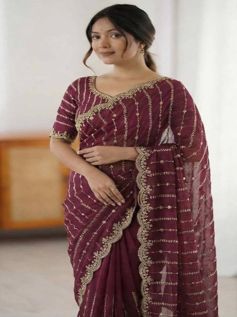 Maroon Embroidered Georgette Saree with Golden Zari Border