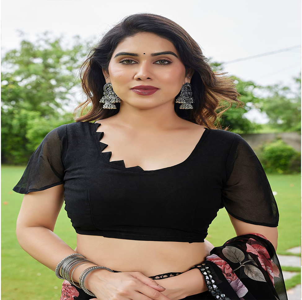 Elegant Black Floral Printed Georgette Saree with Designer Border – Party Wear & Casual Wear