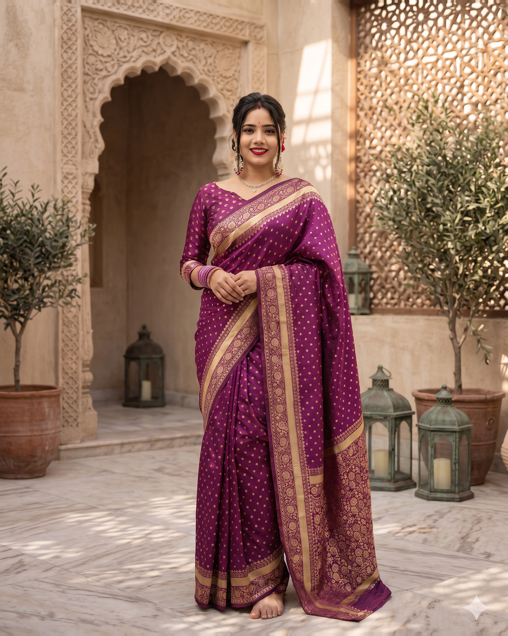 Vaishnavi Banarasi Style Festive Saree with Golden Motif Pallu - Purple - full saree hero