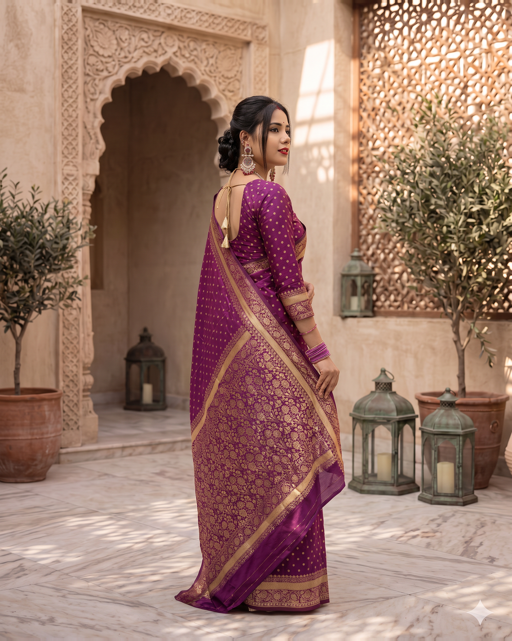 Vaishnavi Banarasi Style Festive Saree with Golden Motif Pallu - Purple - side
