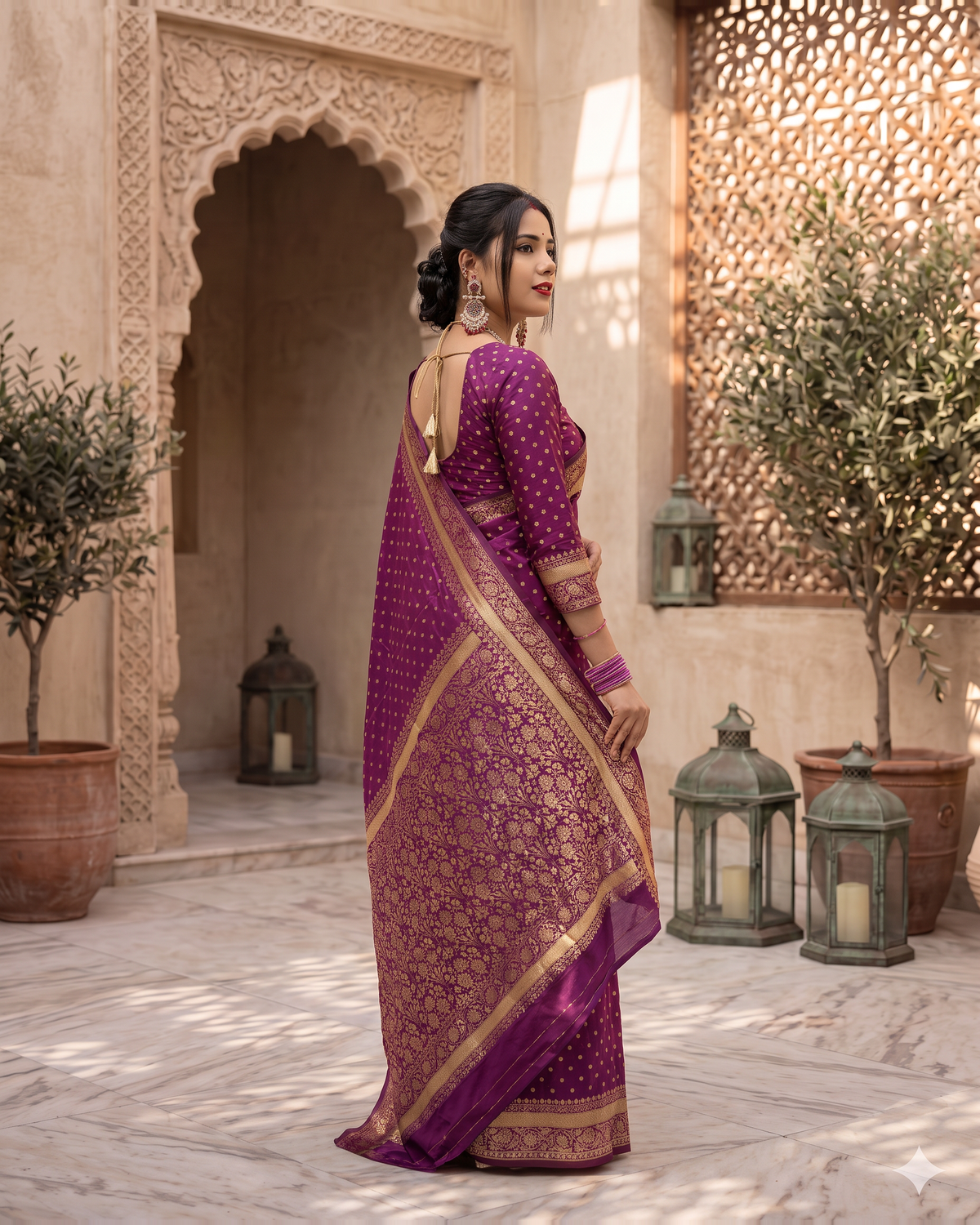 Vaishnavi Banarasi Style Festive Saree with Golden Motif Pallu - Purple - side